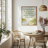 Psalm 19:1 The Heavens Declare the Glory of God watercolor wall art print, olive script, stream landscape
