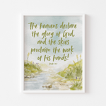 Psalm 19:1 The Heavens Declare wall art print framed, watercolor landscape, wildflowers and stream